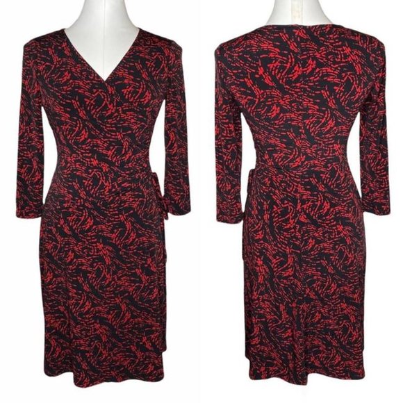 Evan Picone Dress Black and Red Long Sleeve V Neck & Gathering Detail Size 12 - Picture 1 of 10